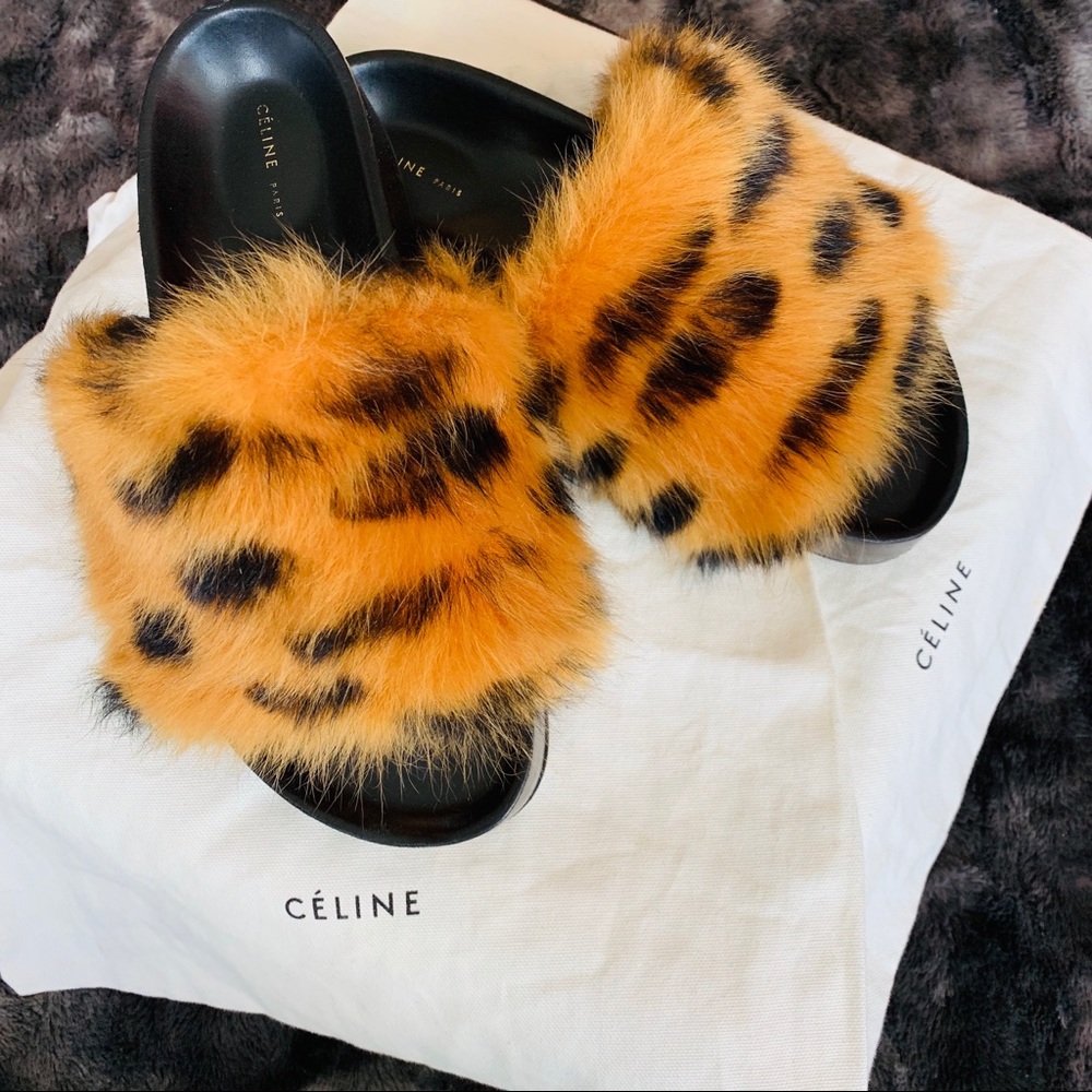 CELINE Tiger Stripe Shearling Fur Slide Sandals